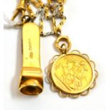 An 18ct gold cigar cutter, suspended from a two colour albert chain, stamped '18c' and with a