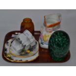 Two Shelley china trios, pattern G11678; Galle style vase; green glass dump with bubble inclusions