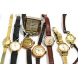 A silver cased Caney travel clock, a Certina wristwatch on a 9ct gold strap and six other