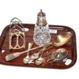 A group of silver, including George III serving spoon, toast rack, set of five tea spoons etc