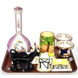 A tray of collectable china including Coalport Cottages, Dresden bottle vase, mug with musical