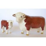 Beswick Hereford Bull, model No. 1363A and Hereford Calf, model No. 1827C, both brown and white