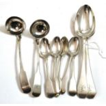 A pair of silver spoons, London 1826 by John, Henry and Charles Lias, a pair of silver ladles,