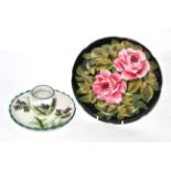 Wemyss pottery cabbage rose plate together with a Wemyss pottery inkstand for Thomas Goode,
