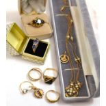 Three 9ct gold dress rings, an 18ct gold ring (a.f.), three yellow metal rings, single earring