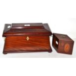 A George III mahogany sarcophagus form tea caddy, together with a shell inlaid example (2)