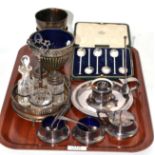 A Victorian cruet stand and matched bottles, three piece cruet, a set of six silver coffee spoons