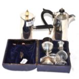 A silver plated holy communion set (cased), a silver plated chocolate pot and a silver plated