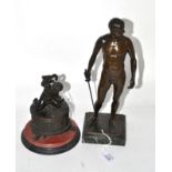 Bronze figure of a classical figure with sword on a square marble base signed O Bodin, 33cm high and