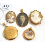 A 9ct gold circular locket (engraved), a 9ct gold portrait locket pendant, another portrait