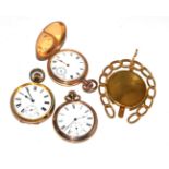 Three gold plated pocket watches and a watch stand
