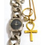 An 18ct gold Ankh cross on 9ct gold chain, a 9ct gold cultured pearl ring and a silver Longines