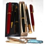 Six various fountain pens, pencils and similar; Sampson & Mordan 9ct gold cigar piercer; T Cross