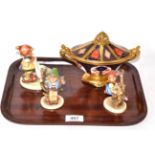 Royal Crown Derby twin handled bowl and cover and three Hummel figures