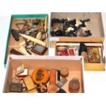 A group of collectables including a Halcyon Days acorn form trinket box, mauchline ware, pill boxes,