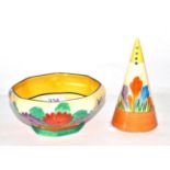 A Clarice Cliff conical caster and an octagonal bowl, Gay Day (2)