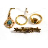 An Art Nouveau turquoise set pendant, a 9ct gold gem set bar brooch, a 9ct gold and emerald Claddagh