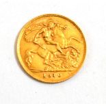 A gold half sovereign dated 1910