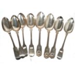 Group of eight various silver serving spoons, marked for London and Dublin, various dates and makers