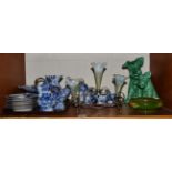 Russian gilt highlighted blue and white tea wares, a Victorian epergne, Moorcroft dish (a.f.) and