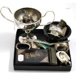 Four silver salts, plated trophy cup, silver enamel compact, horn snuff box etc