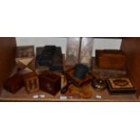 Quantity of 19th century boxes including inlaid tea caddies, lacquer glove boxes, straw work