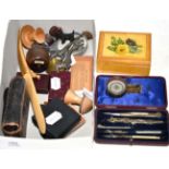 Assorted treen, a carved paperknife, boxed playing cards and other items (qty)