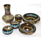 Assorted cloisonne bowls, boxes and vase