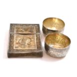 Pair of Middle Eastern white metal salts together with a Chinese filigree card case decorated with