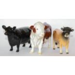 Beswick Cattle Comprising: Aberdeen Angus Cow, model No. 1563, Jersey Bull Ch. ''Dunsley Coy