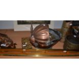 A copper coal scuttle, copper kettle, brass fender etc
