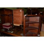 Group of furniture comprising a small four drawer chest of drawers, rope work stool, hanging