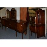 Reproduction mahogany pedestal dining table, matching sideboard, wicker tub chair, triptych mirror