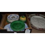 Turkey plate, black basalt teapot, majolica sugar bowl and cover, Wedgwood etc