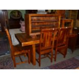 A reproduction table, six chairs and a dwarf cabinet (8)