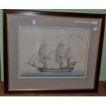 A hand coloured print, profile of a ship 'Nave il Cesare l'Augusto'