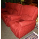 Red upholstered three piece suite with reclining armchair (3)