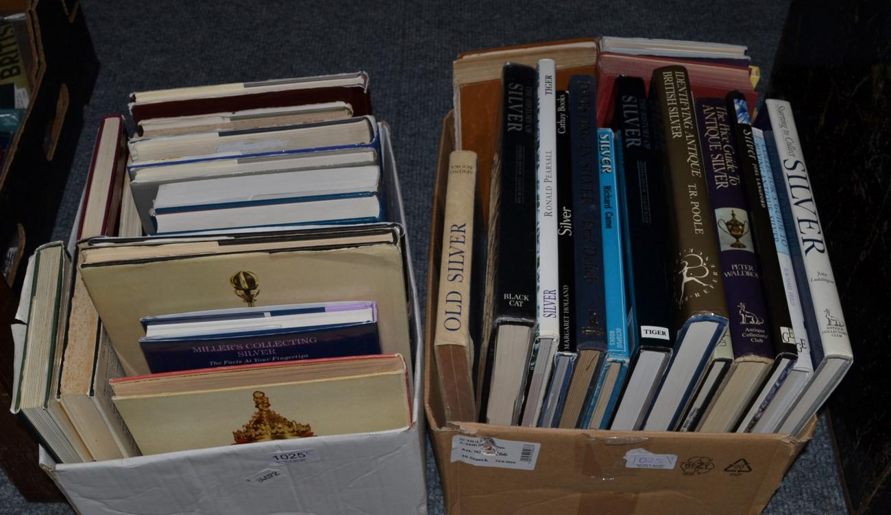 A collection of assorted silver and antiques reference books (two boxes)