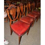 Set of four mahogany shield back dining chairs, together with another set of four shield back chairs