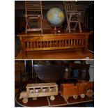 Table globe (a.f.), pine dough trough, brass fire irons, linen, three tables, cake stand etc