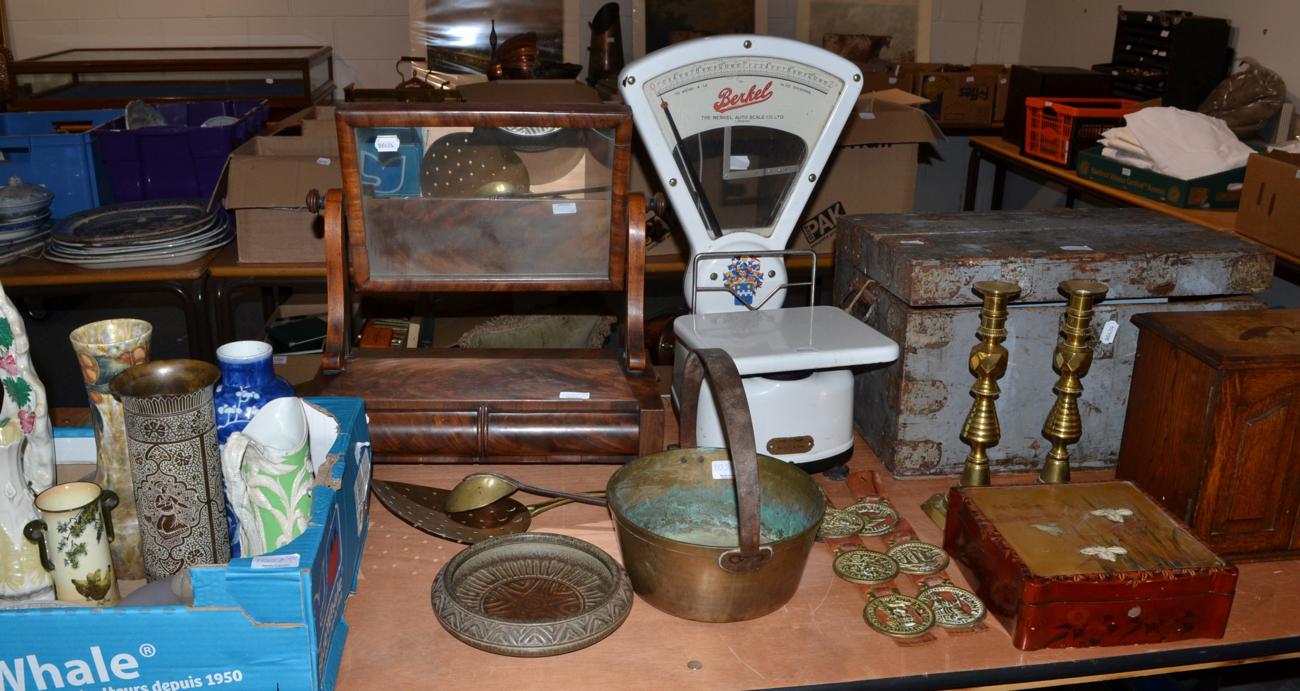 Smalls including china, brass, scales, mirror with drawers, smoking cabinet, box etc