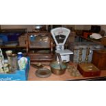 Smalls including china, brass, scales, mirror with drawers, smoking cabinet, box etc