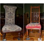 A Victorian bobbin turned chair with needlework seat, together with a nursing chair of similar date