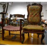 Victorian carved oak hall chair with needlework seat and back, together with an elbow chair (2)