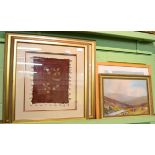 20th century landscape oil, a watercolour, a print and two framed tribal textiles