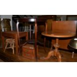 Two canework stools, two occasional tables, two leather suitcases, needlework firescreen, and a