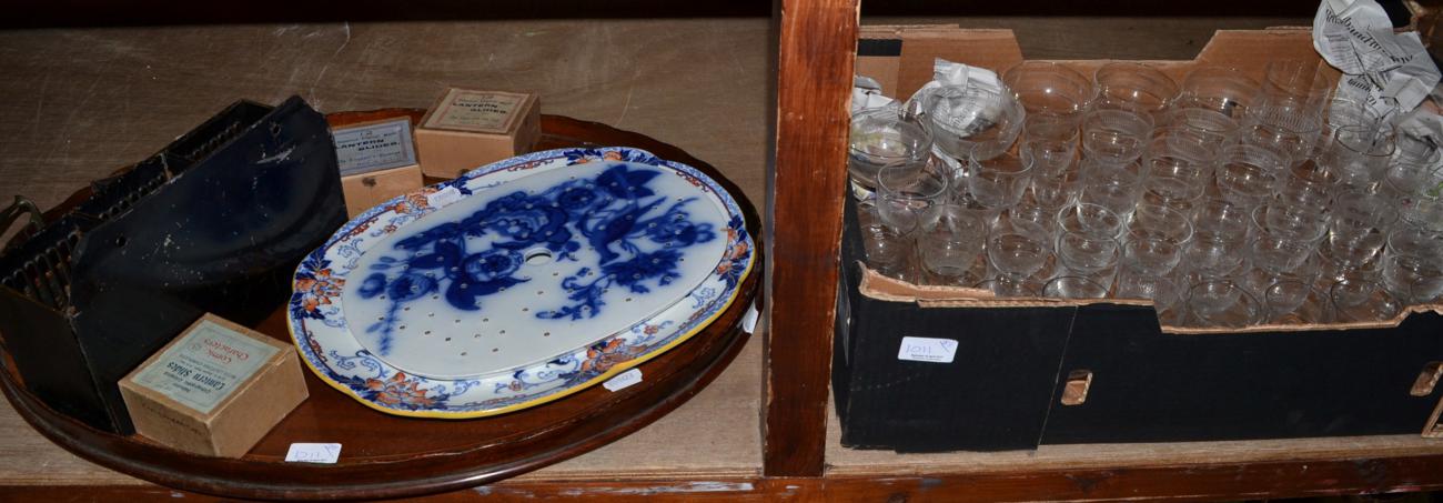 Glass table service, mahogany tray, lantern slides, dinner wares etc