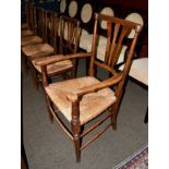 Set of six 19th century ash framed dining chairs with rush seats