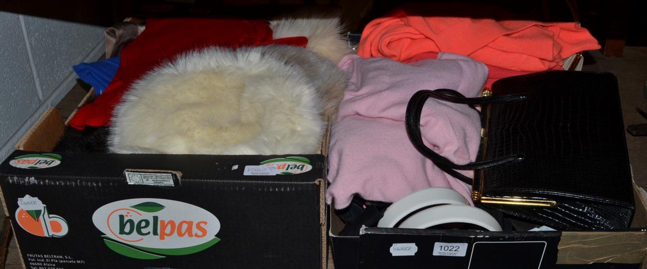 Assorted scarves, handbags, cashmere jumpers, leather gloves, white fox fur hat and faux fur hats,