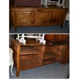 An 18th/19th century pine and oak shop counter/dresser base, panelled side, open to opposite, square